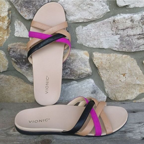 VIONIC Dava Leather Slide Comfort Sandals Size 11 M Strappy Slip On Neutrals - Picture 1 of 12